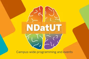 NDatUT text over a rainbow brain with the text campus-wide programming and events underneath it
