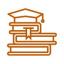 Orange icon of a stack of three books with a graduation cap.