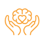 Light orange icon of hands holding a brain with a heart.